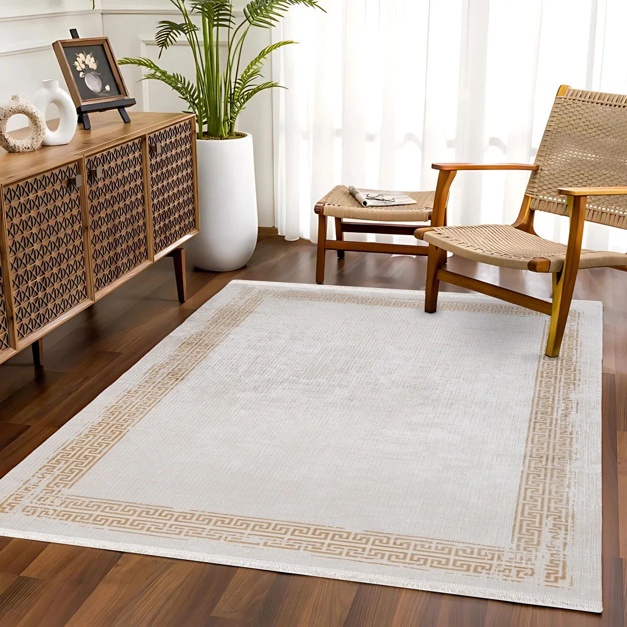 Bej Krem Minimalist Modern Halı - Yıkanabilir - Kaymaz Taban - Pati Dostu