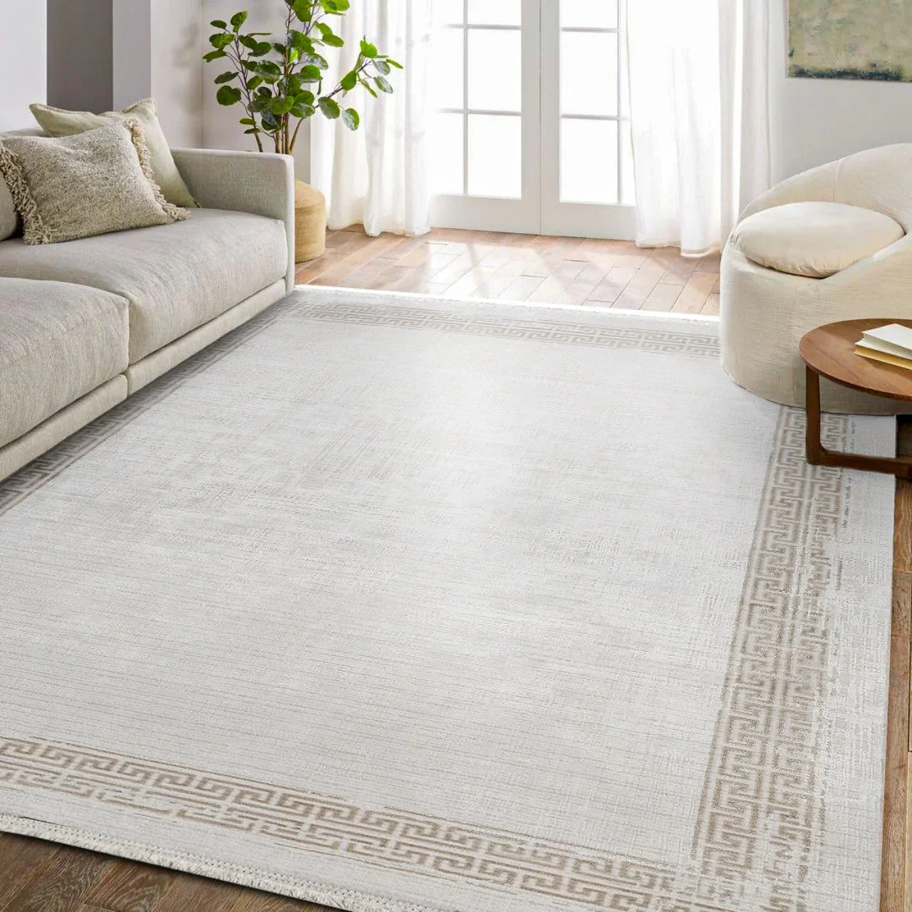 Bej Krem Minimalist Modern Halı - Yıkanabilir - Kaymaz Taban - Pati Dostu