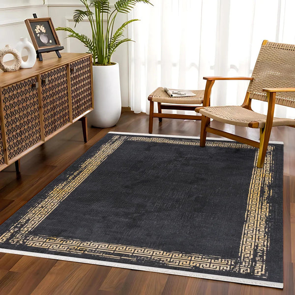 Bej Gold Bordürlü Desenli Halı - Yıkanabilir - Kaymaz Taban - Pati Dostu