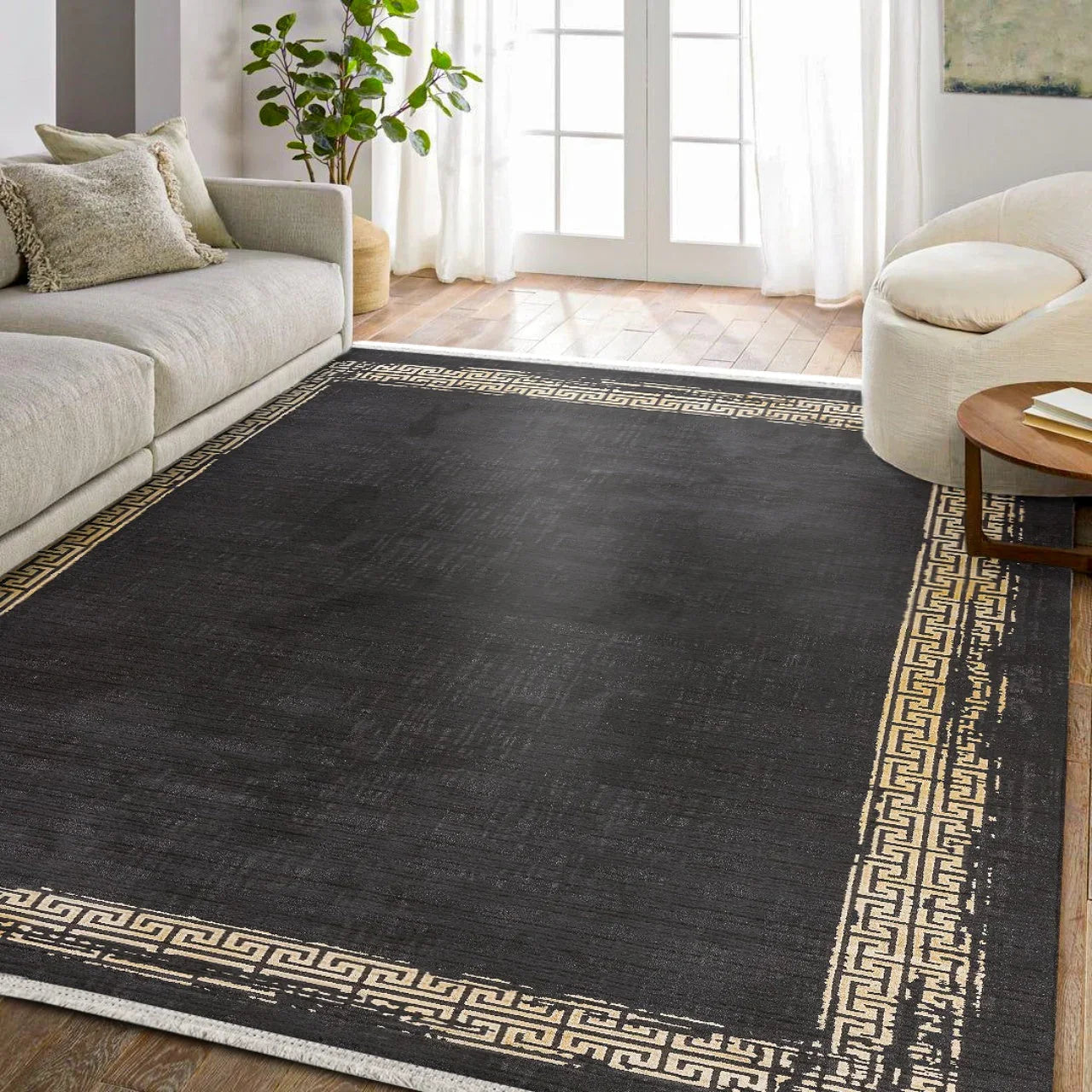 Bej Gold Bordürlü Desenli Halı - Yıkanabilir - Kaymaz Taban - Pati Dostu