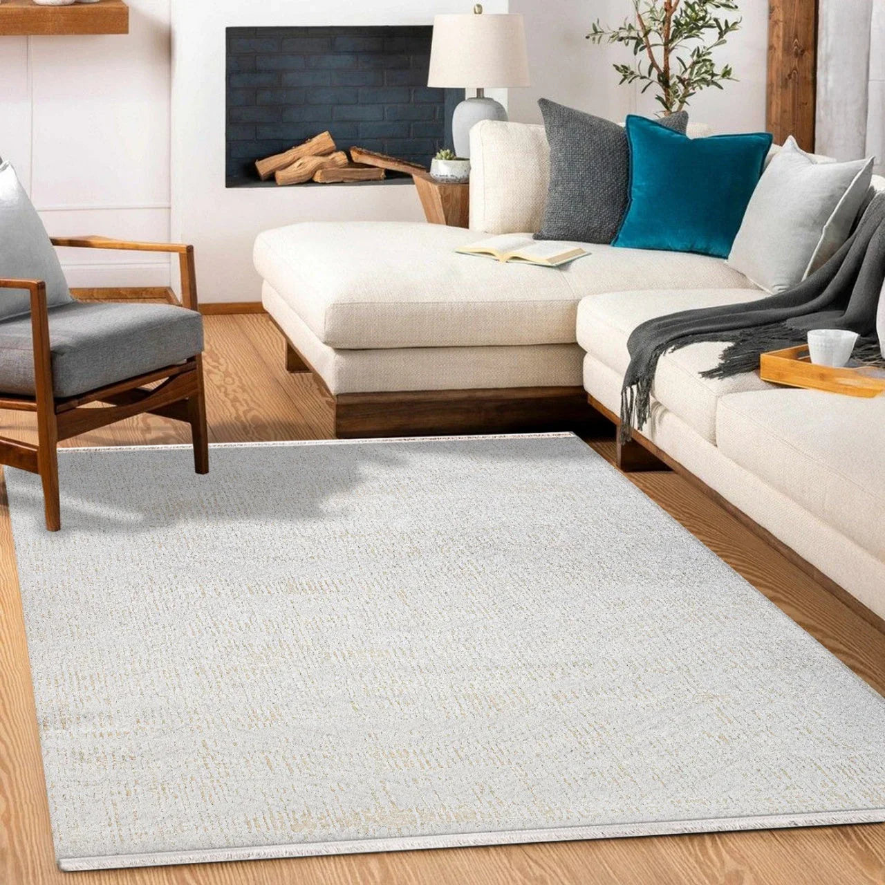 Beyaz Ekru Düz Minimalist Halı - Yıkanabilir - Kaymaz Taban - Pati Dostu