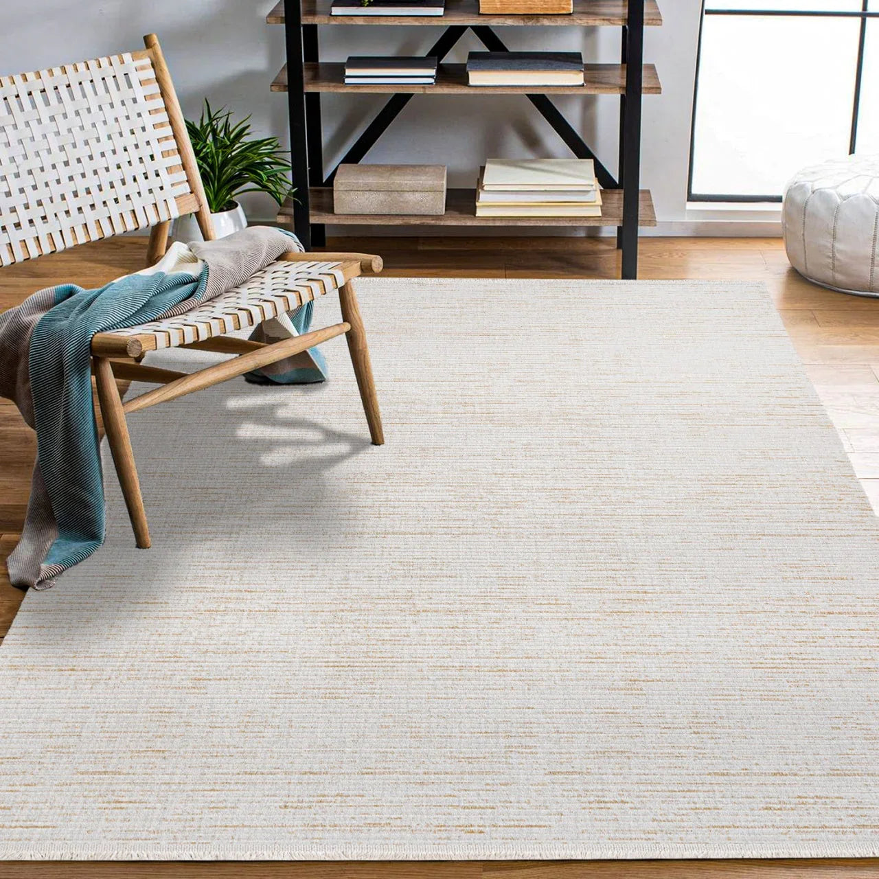 Beyaz Ekru Beyaz Çizgili Minimalist Halı - Yıkanabilir - Kaymaz Taban - Pati Dostu