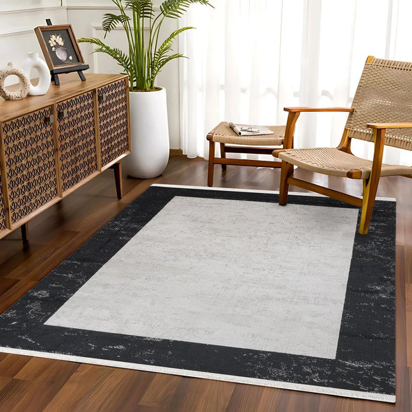 Antrasit Beyaz Bordürlü Minimalist Halı - Yıkanabilir - Kaymaz Taban - Pati Dostu