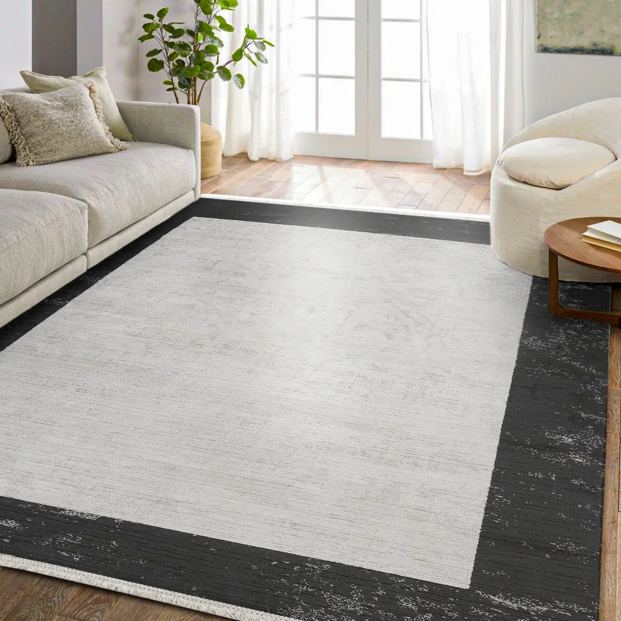 Antrasit Beyaz Bordürlü Minimalist Halı - Yıkanabilir - Kaymaz Taban - Pati Dostu