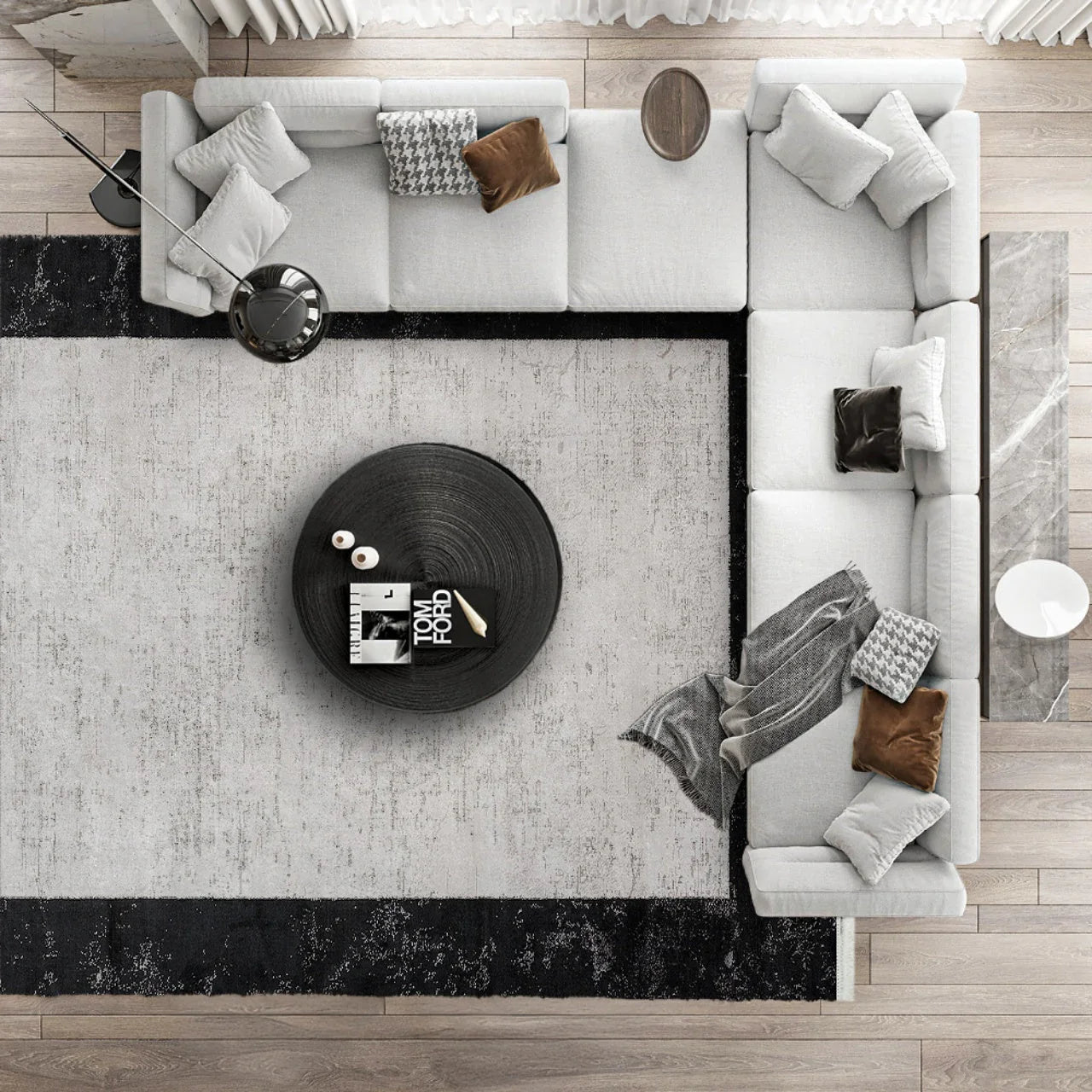 Antrasit Beyaz Bordürlü Minimalist Halı - Yıkanabilir - Kaymaz Taban - Pati Dostu