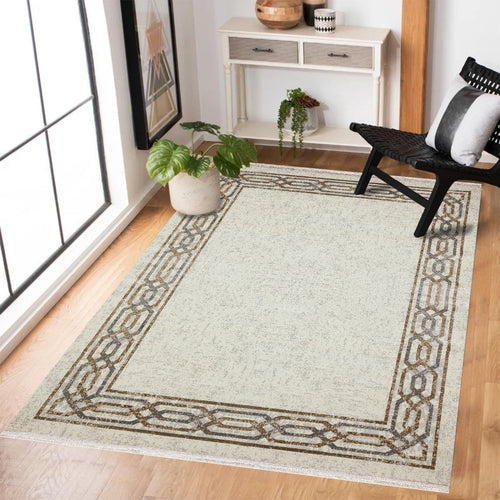 Gri Çerçeveli Modern Etnik Desenli Halı  | Makinada Yıkanabilir | Hav Toz Vermez | Leke Tutmayan | Kaymaz Taban | Dijital Makine Baskı | Salon Yolluk Mutfak Halısı