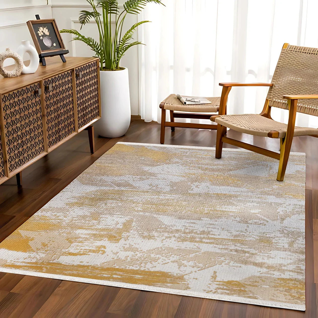 Bej Gold Dokulu Mermer Desenli Halı - Yıkanabilir - Kaymaz Taban - Pati Dostu