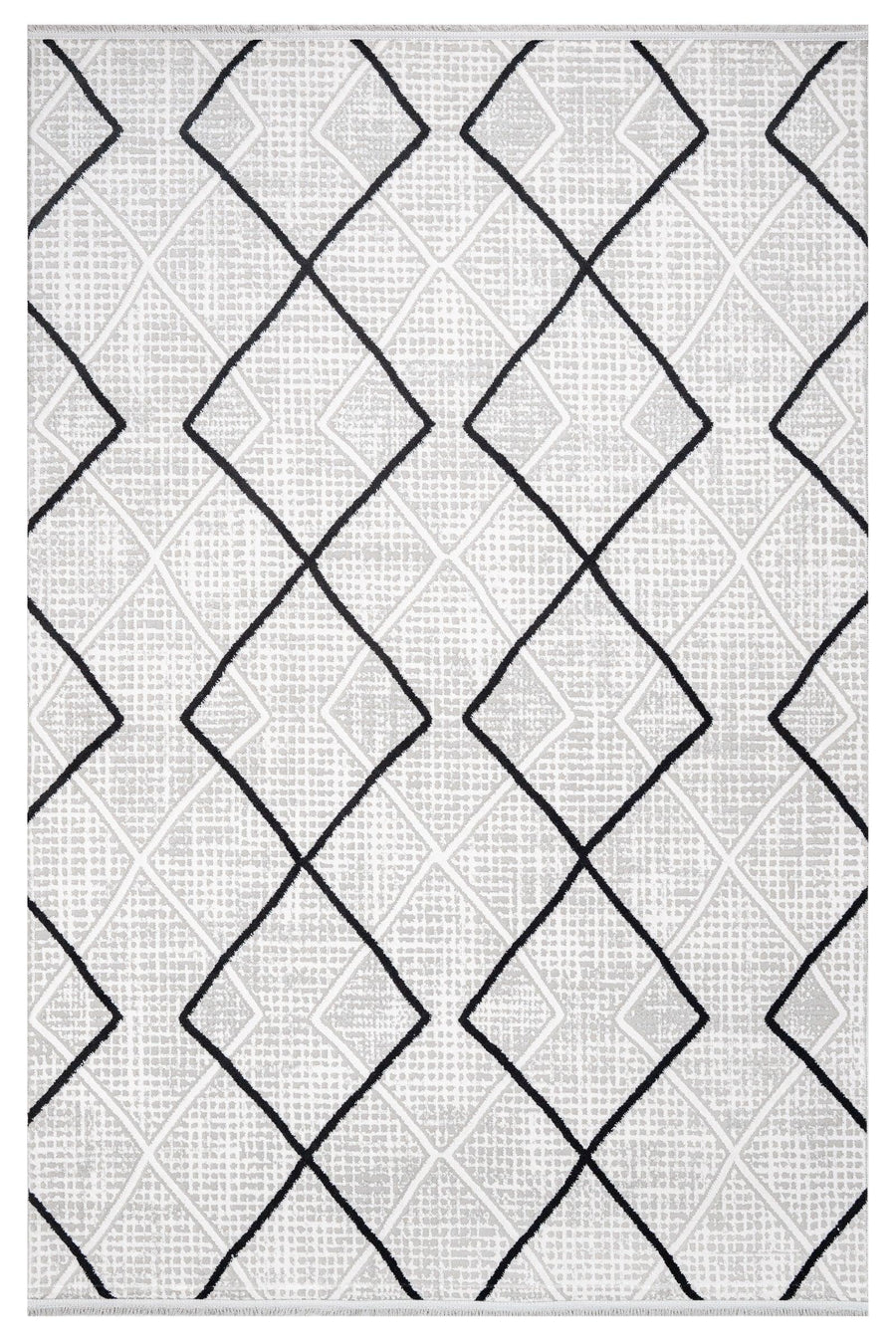 Grey and Black Geometric Area Rug on White Base – in the living room