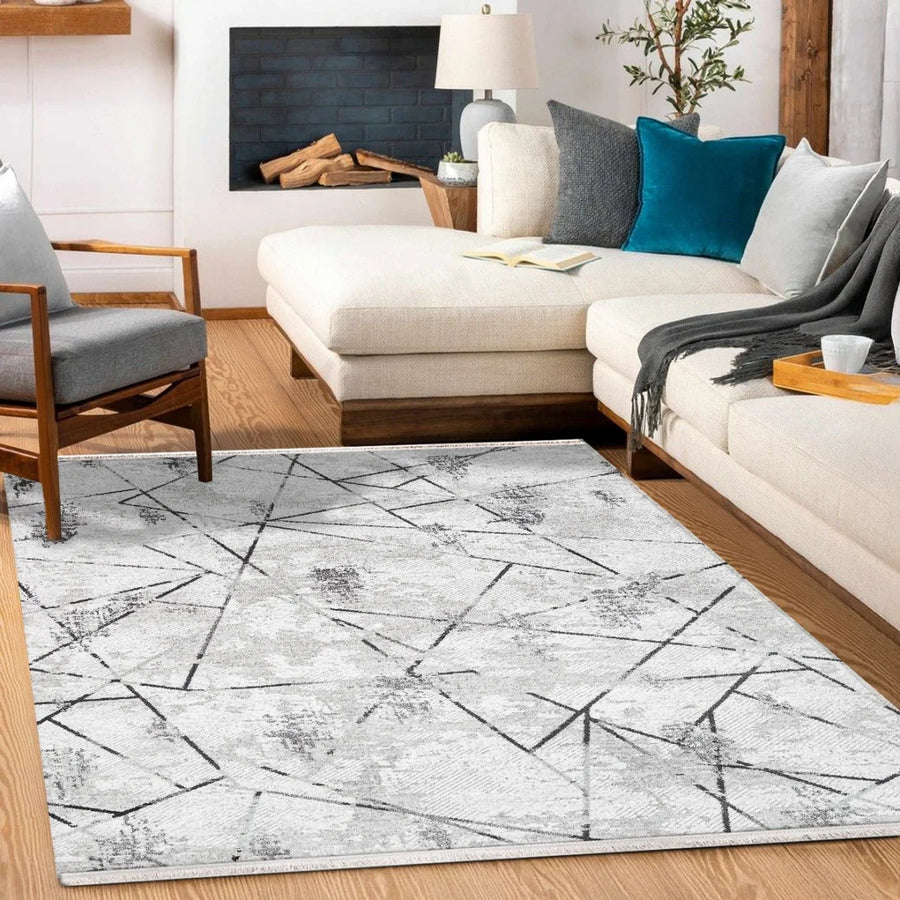 Beyaz Gri Geometrik Modern Triko Halı - Pati Dostu - Toz Vermez
