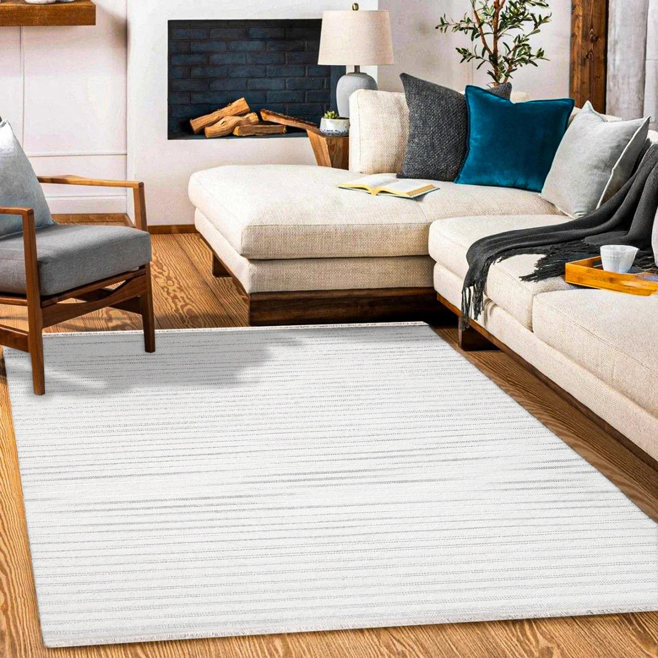 Beyaz Ekru Beyaz Çizgili Minimalist Halı - Yıkanabilir - Kaymaz Taban - Pati Dostu