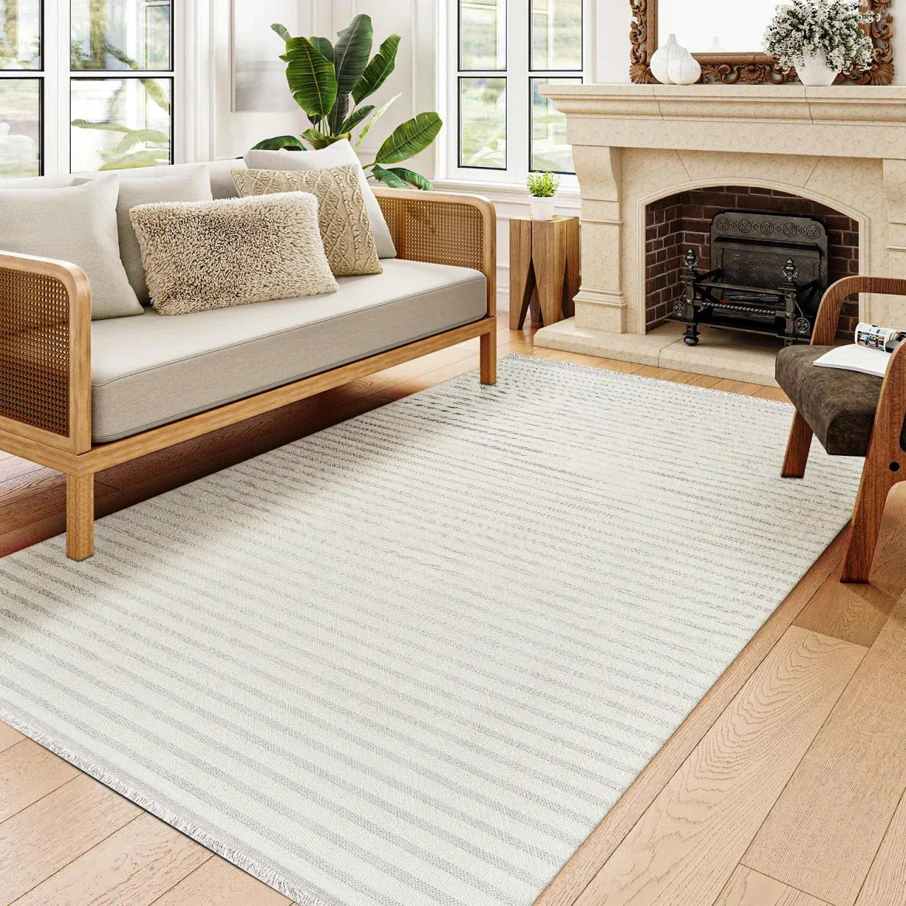 Beyaz Ekru Beyaz Çizgili Minimalist Halı - Yıkanabilir - Kaymaz Taban - Pati Dostu