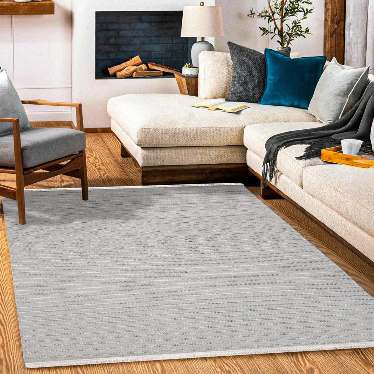 Beyaz Gri Minimalist Minimalist Desenli Halı - Yıkanabilir - Kaymaz Taban - Pati Dostu