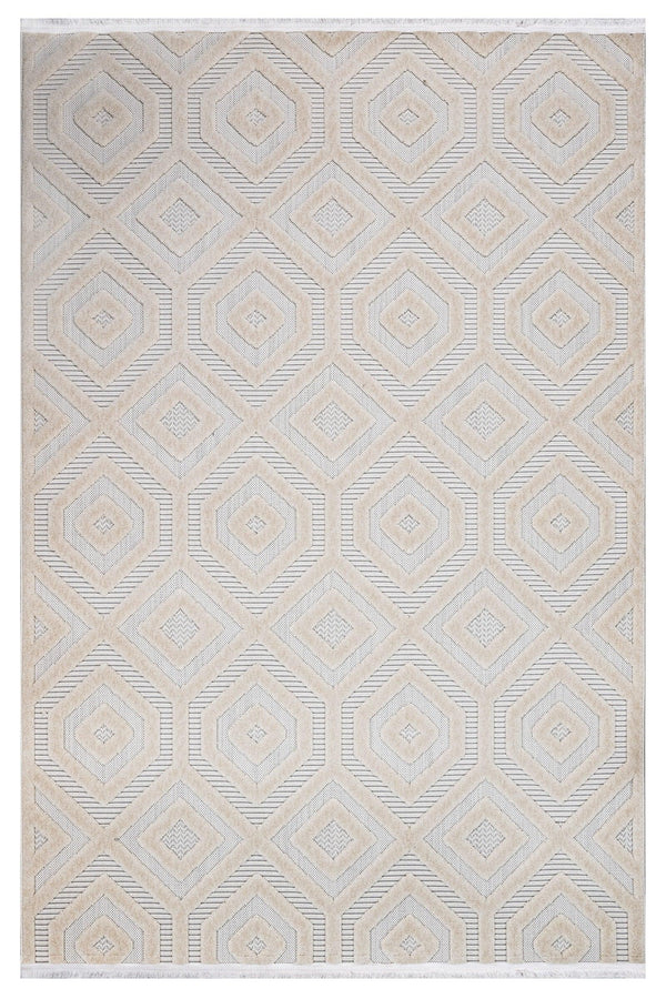 Bej Krem Geometrik Modern Triko Halı - Pati Dostu - Toz Vermez