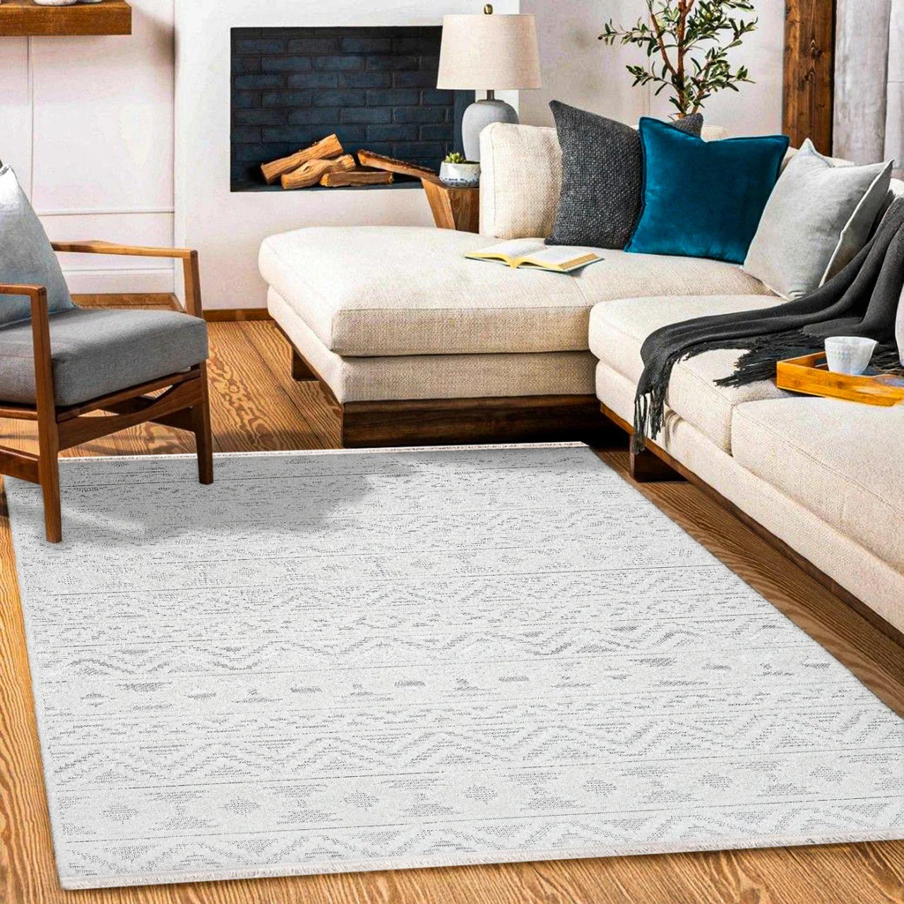 Beyaz Gri Geometrik Minimalist Halı - Yıkanabilir - Kaymaz Taban - Pati Dostu