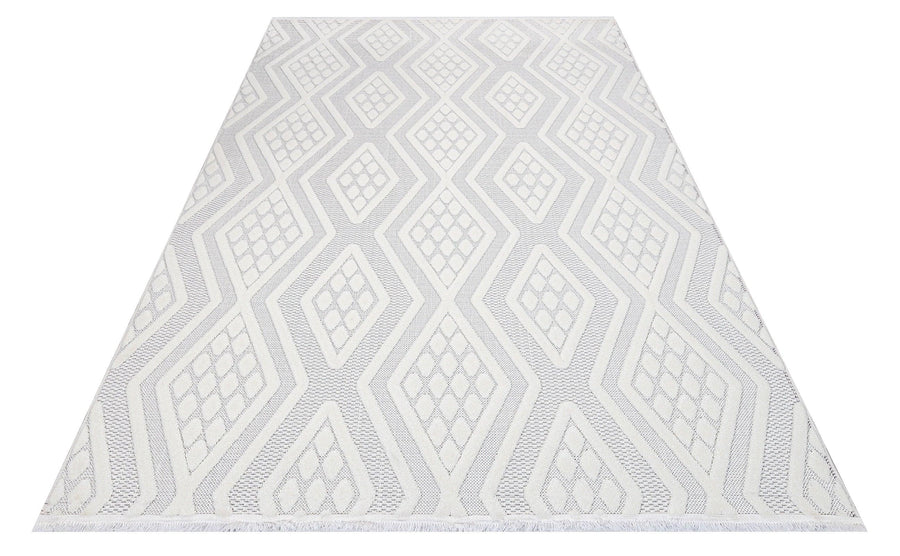 Beyaz Gri Geometrik Minimalist Desenli Triko Halı - Pati Dostu - Toz Vermez
