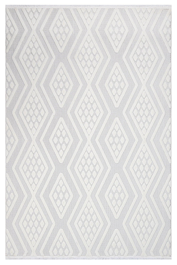 Beyaz Gri Geometrik Minimalist Desenli Triko Halı - Pati Dostu - Toz Vermez
