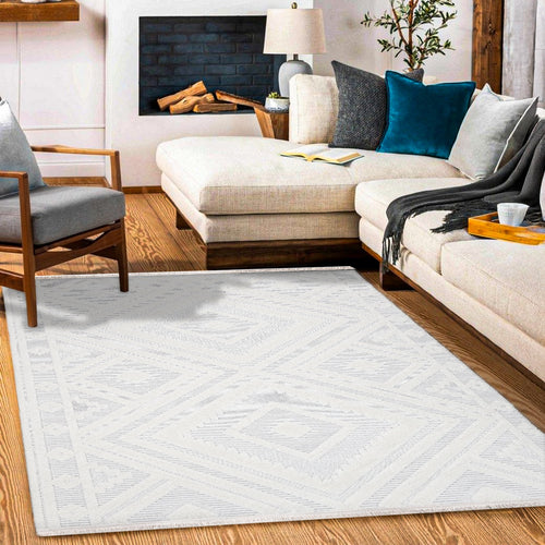 Kayla Beyaz Geometrik Polyester Makine Halısı