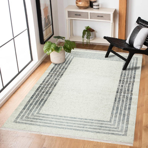 Krem Çerçeveli Modern Etnik Desenli Halı  | Makinada Yıkanabilir | Hav Toz Vermez | Leke Tutmayan | Kaymaz Taban | Dijital Makine Baskı | Salon Yolluk Mutfak Halısı