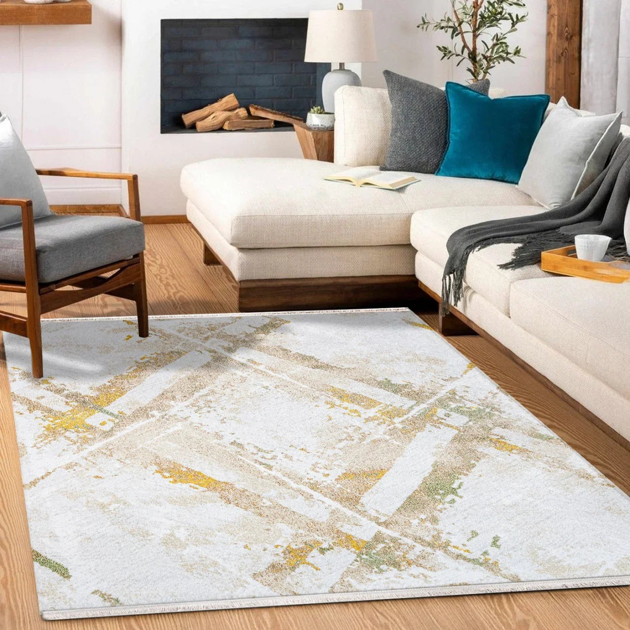 Bej Gold Bohem Geometrik Halı - Yıkanabilir - Kaymaz Taban - Pati Dostu