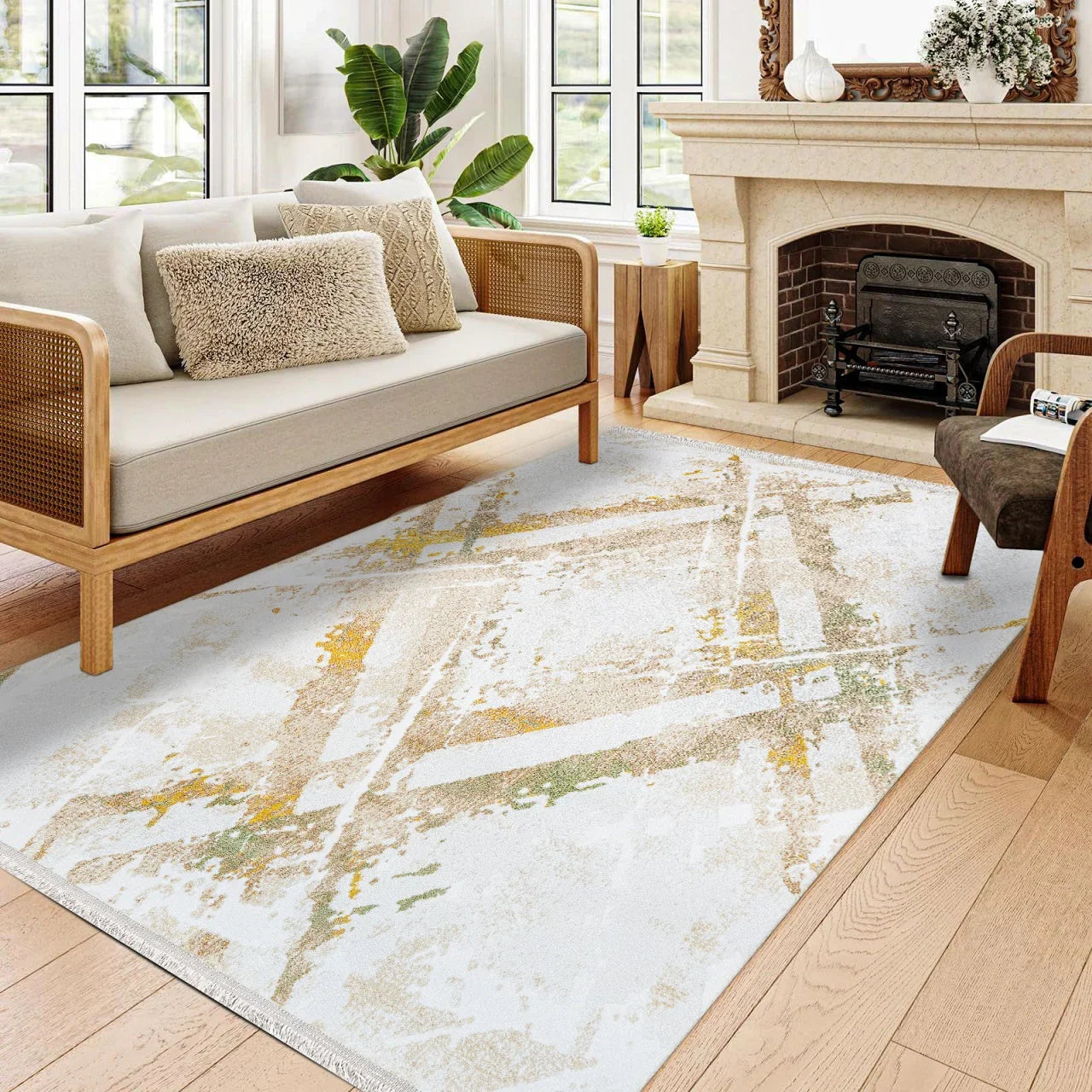 Bej Gold Bohem Geometrik Halı - Yıkanabilir - Kaymaz Taban - Pati Dostu