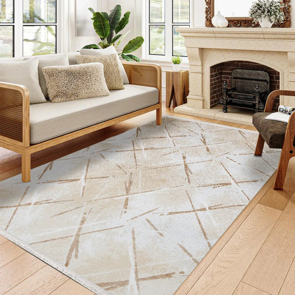 Bej Krem Geometrik Geometrik Desenli Halı - Yıkanabilir - Kaymaz Taban - Pati Dostu