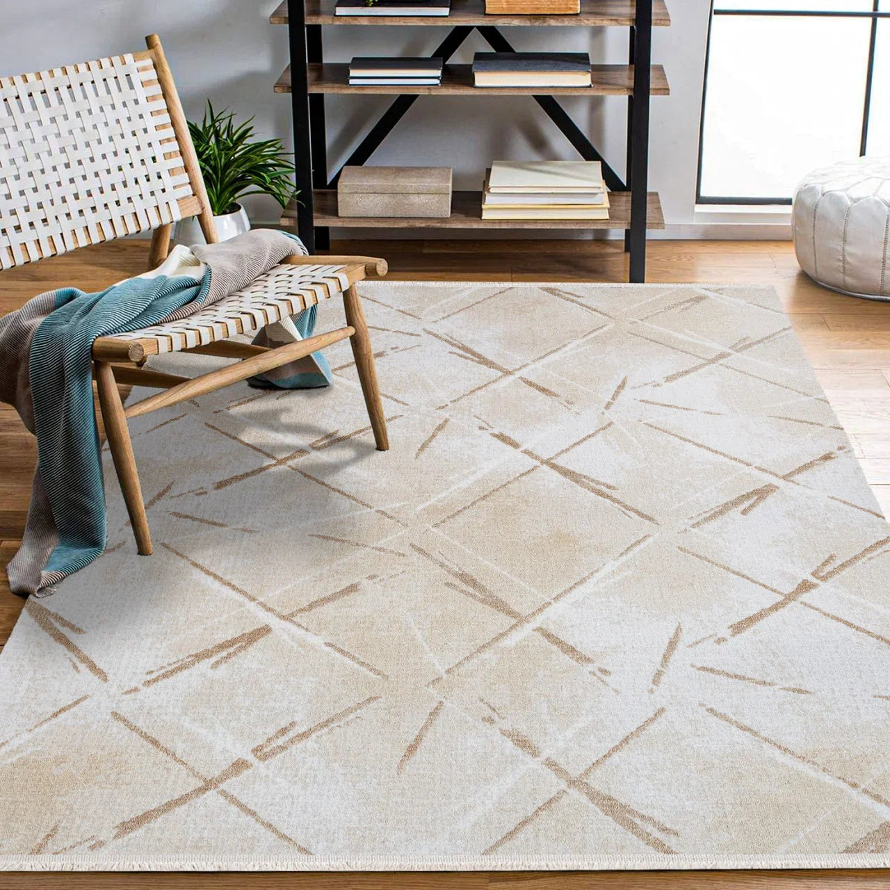 Bej Krem Geometrik Geometrik Desenli Halı - Yıkanabilir - Kaymaz Taban - Pati Dostu