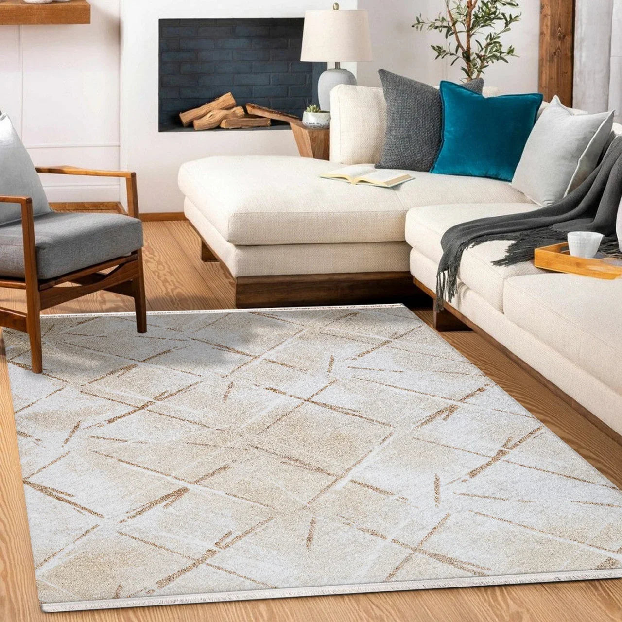 Bej Krem Geometrik Geometrik Desenli Halı - Yıkanabilir - Kaymaz Taban - Pati Dostu