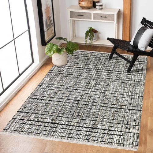 Siyah Soyut Modern Etnik Desenli Halı  | Makinada Yıkanabilir | Hav Toz Vermez | Leke Tutmayan | Kaymaz Taban | Dijital Makine Baskı | Salon Yolluk Mutfak Halısı