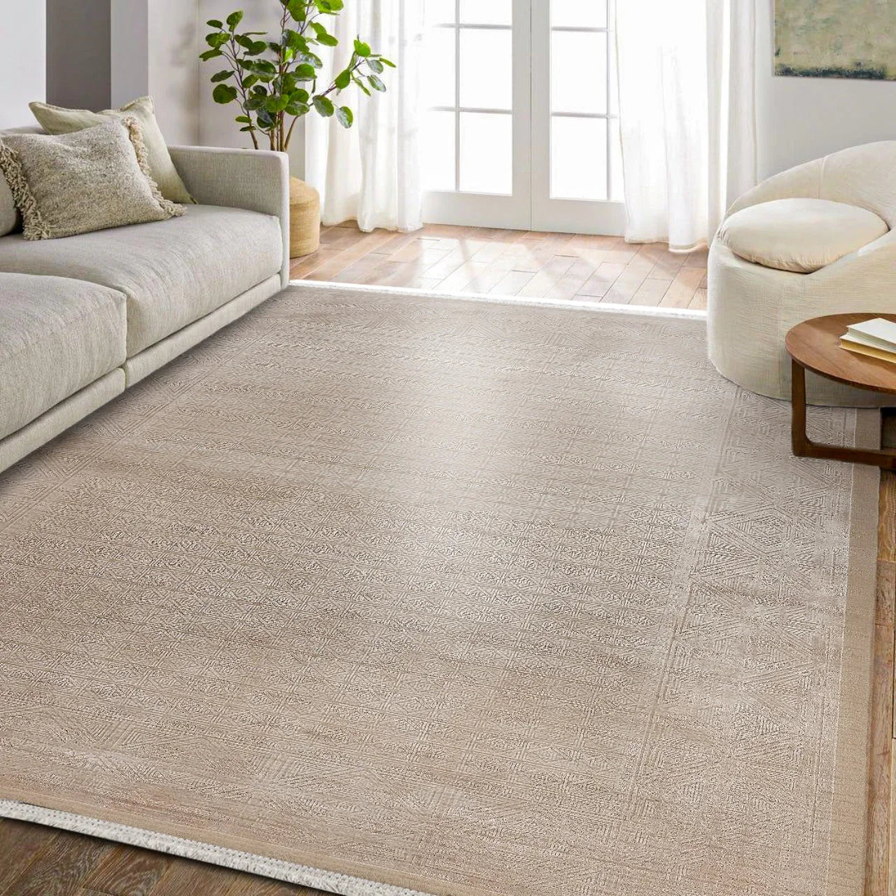 Bej Dokulu Minimalist Halı - Yıkanabilir - Kaymaz Taban - Pati Dostu