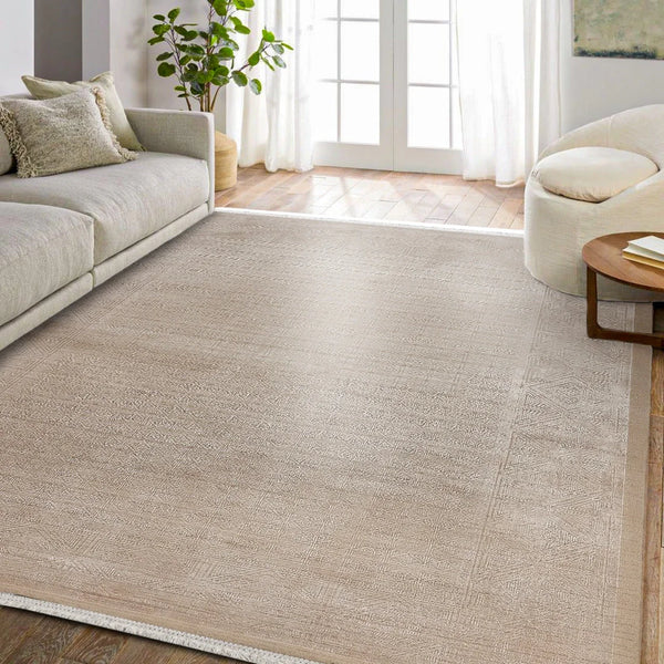 Bej Dokulu Minimalist Halı - Yıkanabilir - Kaymaz Taban - Pati Dostu