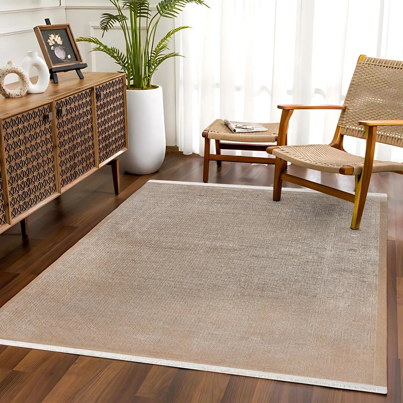 Bej Dokulu Minimalist Halı - Yıkanabilir - Kaymaz Taban - Pati Dostu
