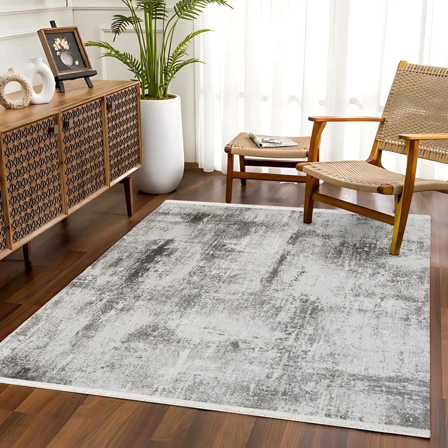 Distressed Grey Abstract Area Rug, Machine Washable – in the living room