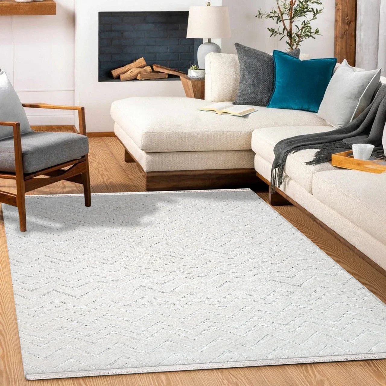 Bej Beyaz Geometrik Kabartmalı Halı - Yıkanabilir - Kaymaz Taban - Pati Dostu