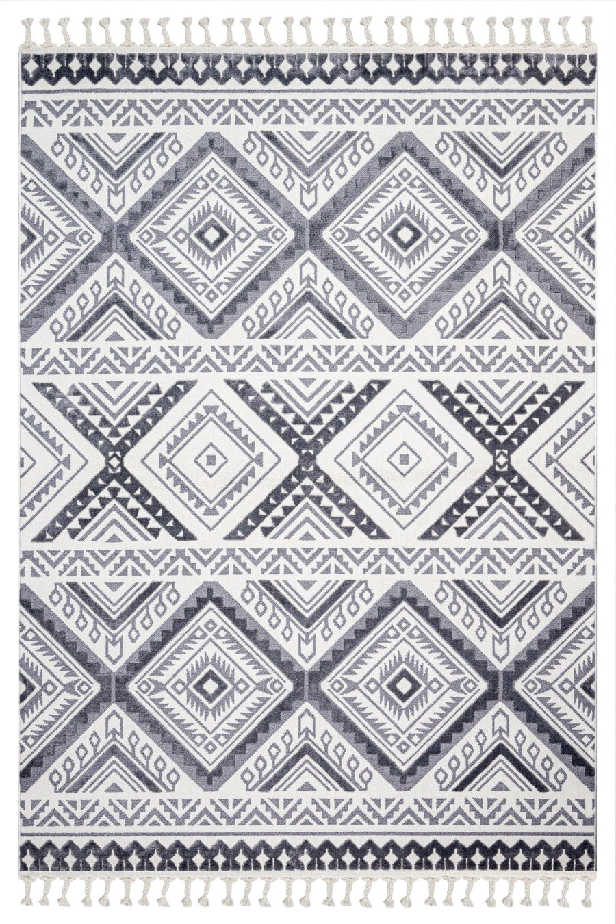 White and Grey Geometric Bohemian Runner Rug – in the living room