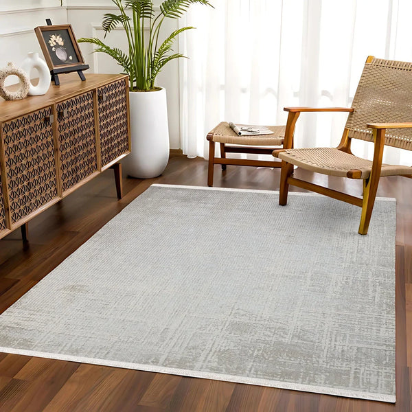 Beyaz Gri Eskitme Minimalist Halı - Yıkanabilir - Kaymaz Taban - Pati Dostu