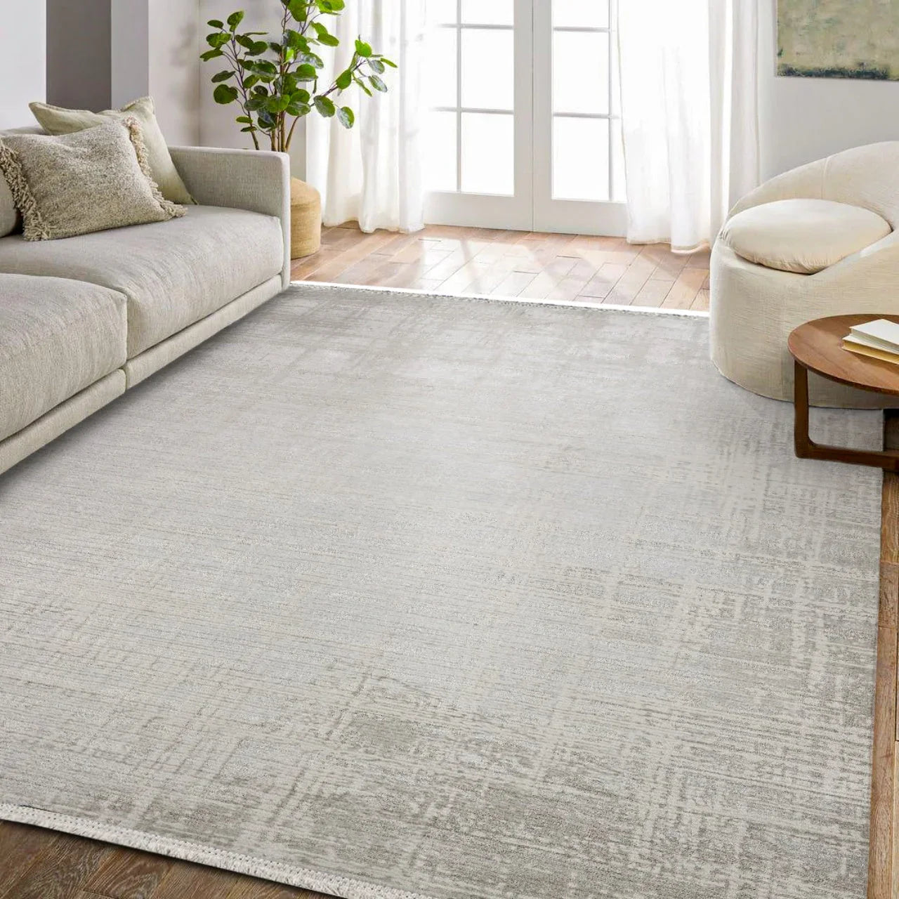 Beyaz Gri Eskitme Minimalist Halı - Yıkanabilir - Kaymaz Taban - Pati Dostu