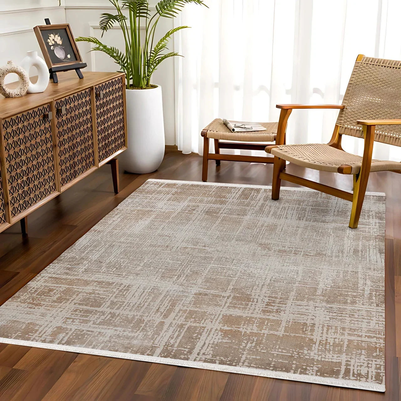 Bej Vizon Dokulu Minimalist Halı - Yıkanabilir - Kaymaz Taban - Pati Dostu