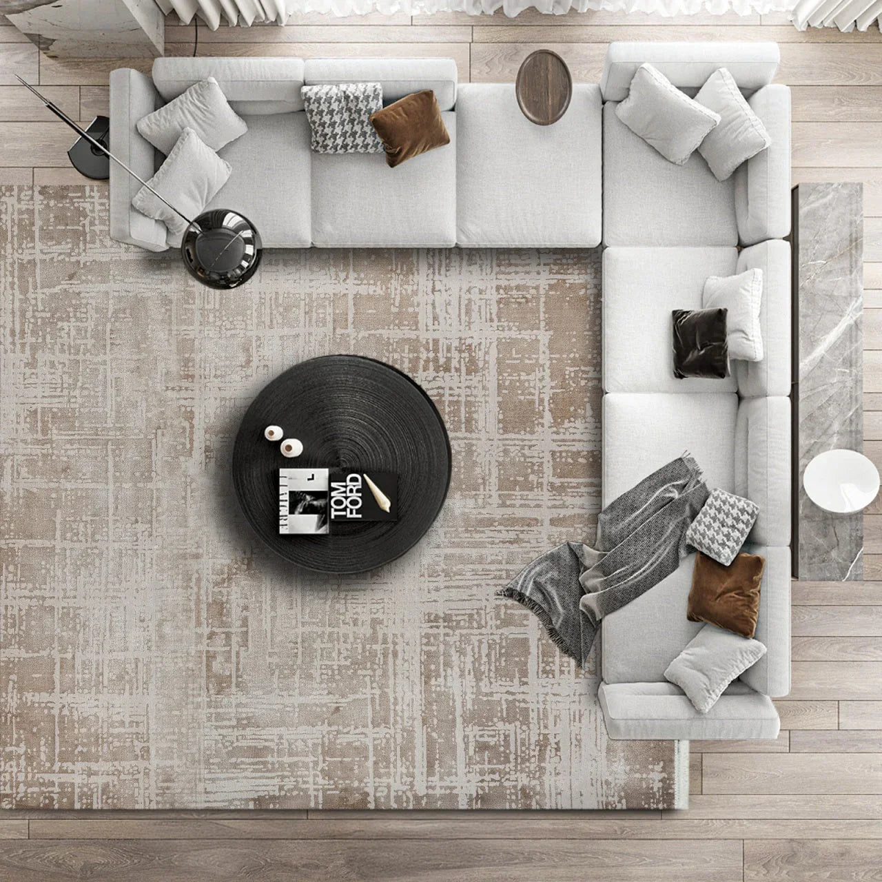 Bej Vizon Dokulu Minimalist Halı - Yıkanabilir - Kaymaz Taban - Pati Dostu