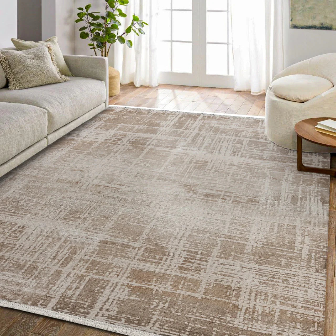 Bej Vizon Dokulu Minimalist Halı - Yıkanabilir - Kaymaz Taban - Pati Dostu