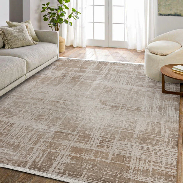 Bej Vizon Dokulu Minimalist Halı - Yıkanabilir - Kaymaz Taban - Pati Dostu