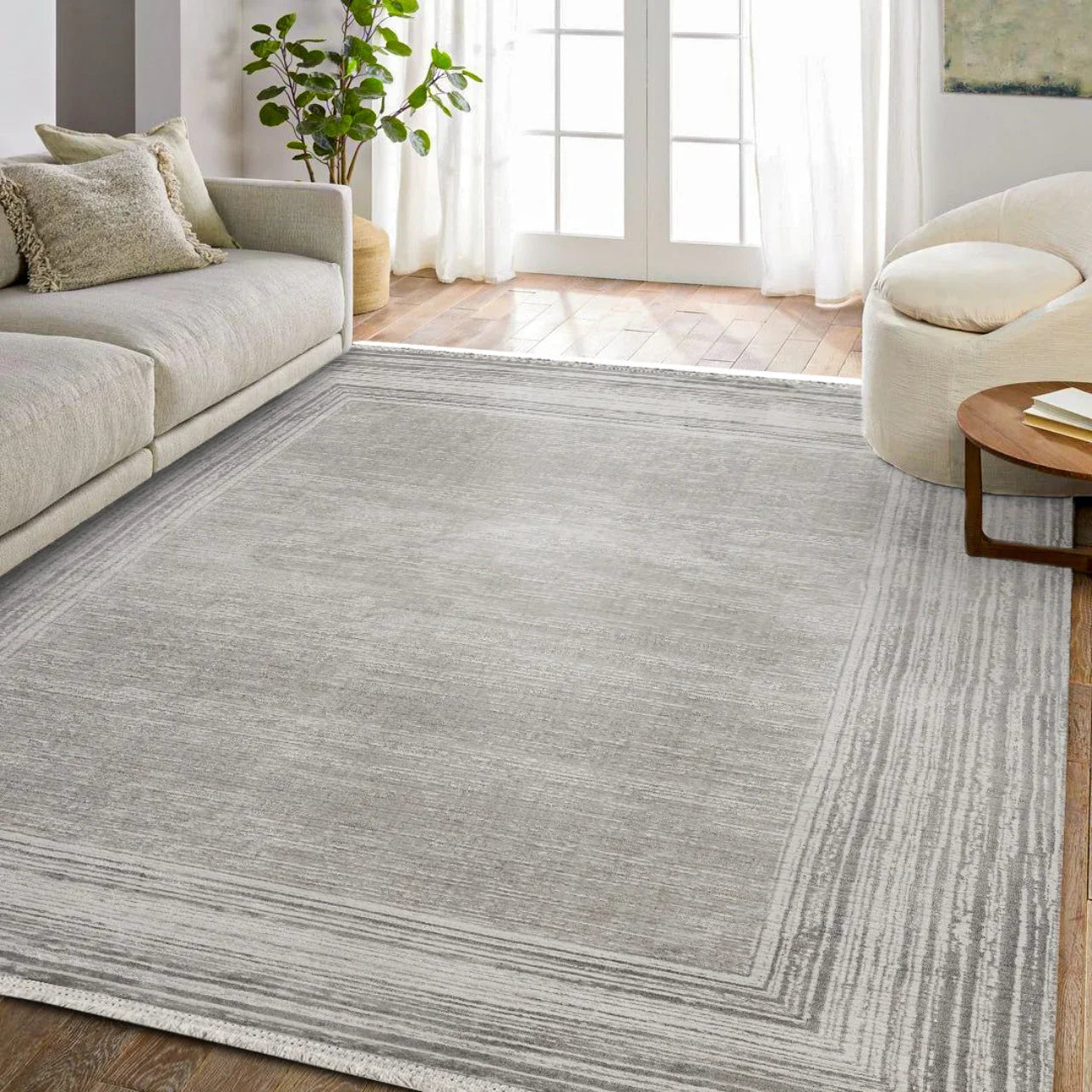 Gri Bordürlü Minimalist Halı - Yıkanabilir - Kaymaz Taban - Pati Dostu