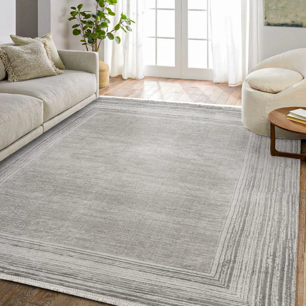 Gri Bordürlü Minimalist Halı - Yıkanabilir - Kaymaz Taban - Pati Dostu