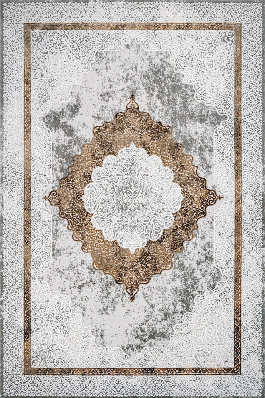 Bej Dekoratif Desenli Halı - Yıkanabilir - Kaymaz Taban - Pati Dostu