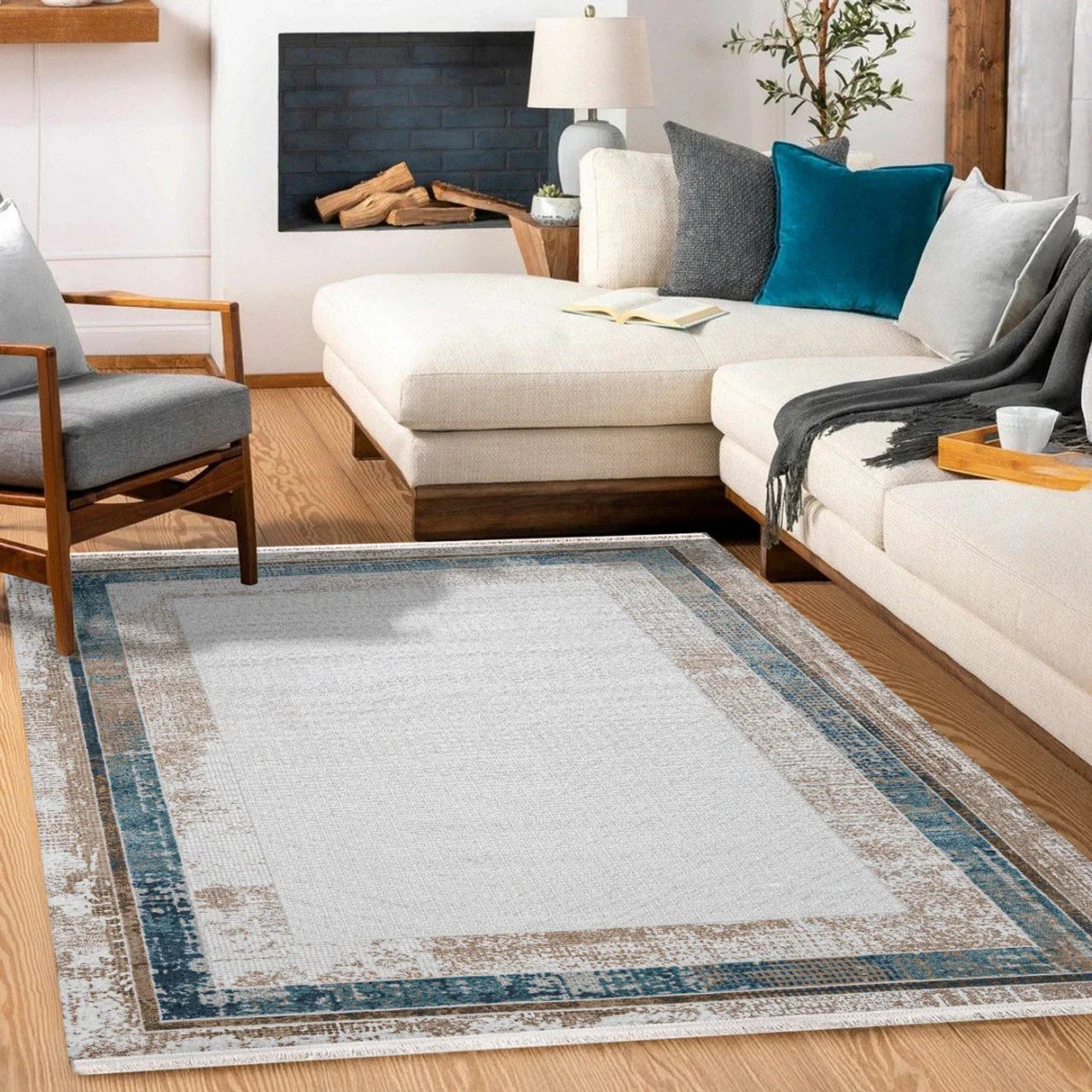 Bej Bordürlü Modern Halı - Yıkanabilir - Kaymaz Taban - Pati Dostu