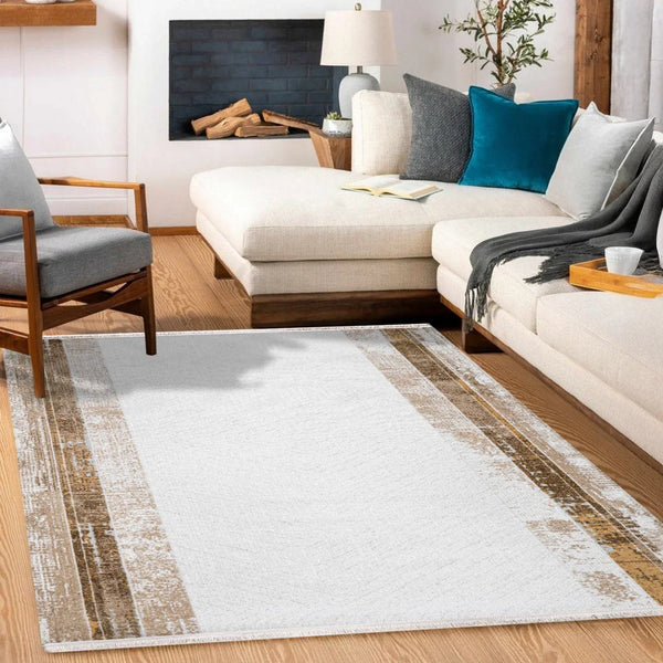 Bej Beyaz Bordürlü Minimalist Halı - Yıkanabilir - Kaymaz Taban - Pati Dostu