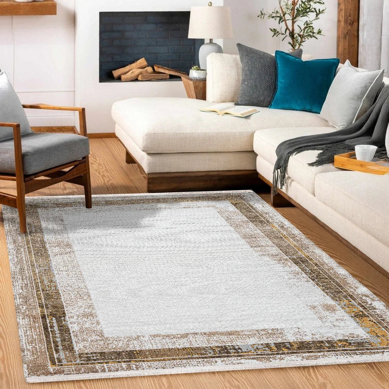 Bej Krem Bordürlü Minimalist Halı - Yıkanabilir - Kaymaz Taban - Pati Dostu