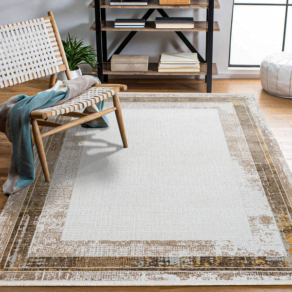 Bej Krem Bordürlü Minimalist Halı - Yıkanabilir - Kaymaz Taban - Pati Dostu