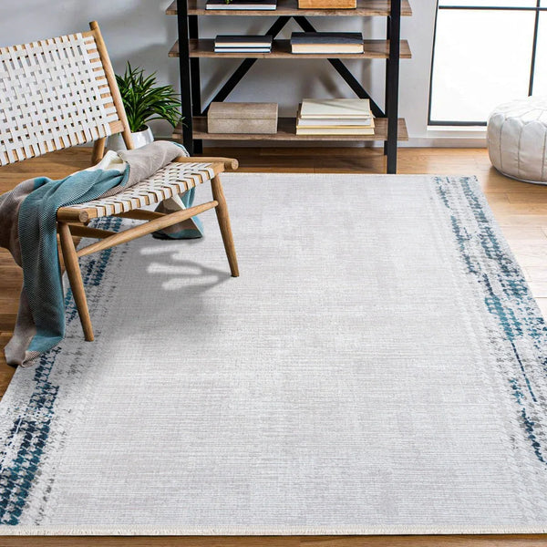 Beyaz Mavi Bordürlü Minimalist Halı - Yıkanabilir - Kaymaz Taban - Pati Dostu