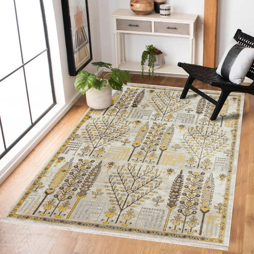 Krem Etnik Modern Etnik Desenli Halı  | Makinada Yıkanabilir | Hav Toz Vermez | Leke Tutmayan | Kaymaz Taban | Dijital Makine Baskı | Salon Yolluk Mutfak Halısı