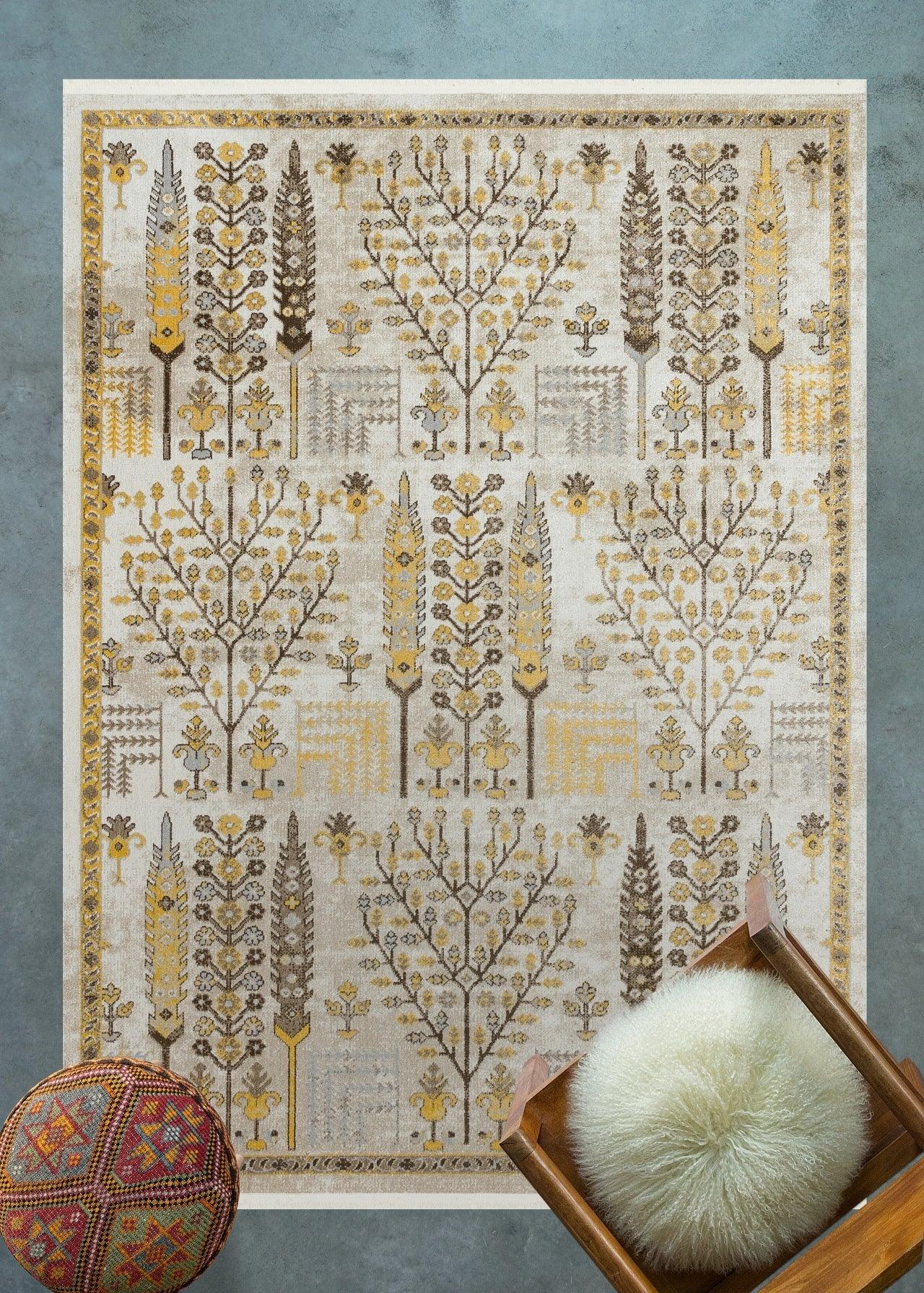 Gold Krem Modern Çiçekli Halı - Yıkanabilir - Kaymaz Taban - Pati Dostu